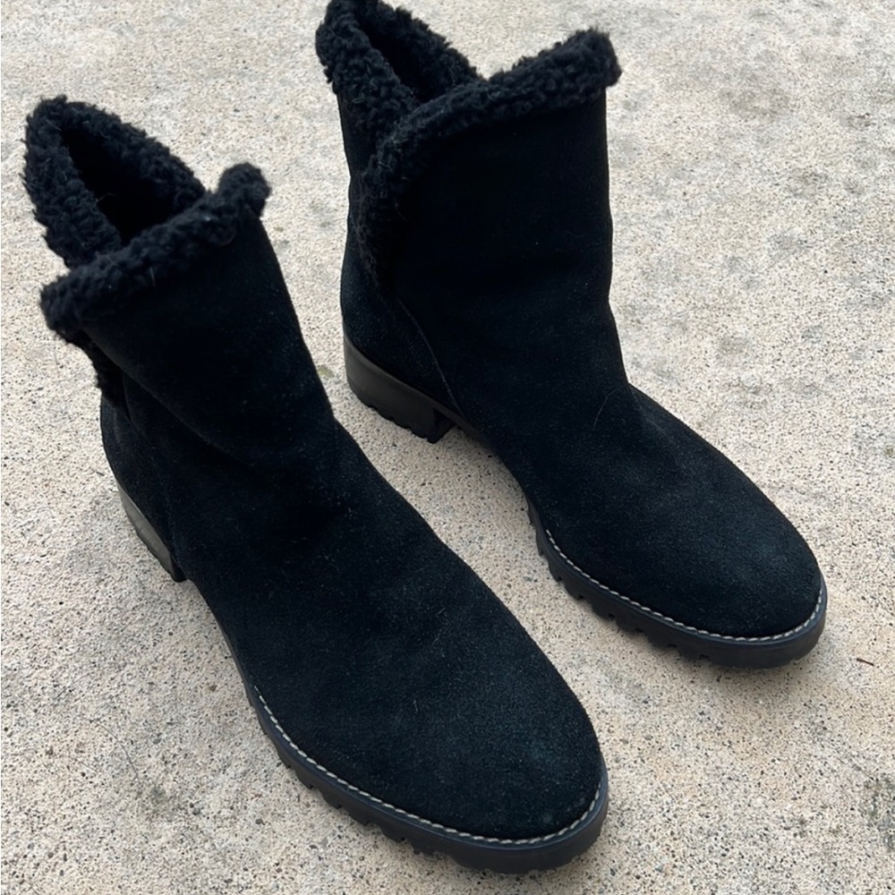 Talbots Women's Tish Black Suede Faux Shearling Lined Ankle Lug Boots Size 8